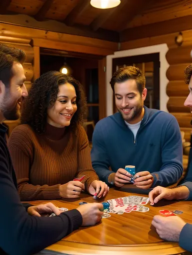 Foursome Friends Play Cards at Cozy Cabin Woods
