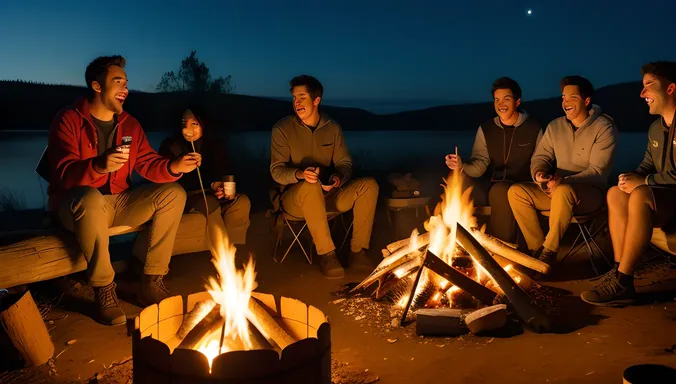 Foursome Friends Roast Marshmallows by Campfire