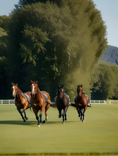 Foursome Horses Run Free in Sunny Green Meadow