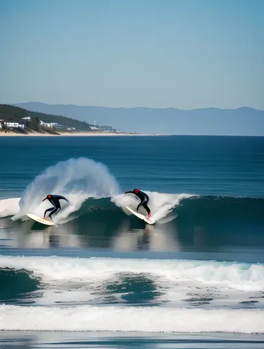 Foursome Surfers Ride Waves on Sunny Beach