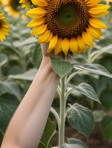 Freckled Arm Grasping Sunflower in Nature