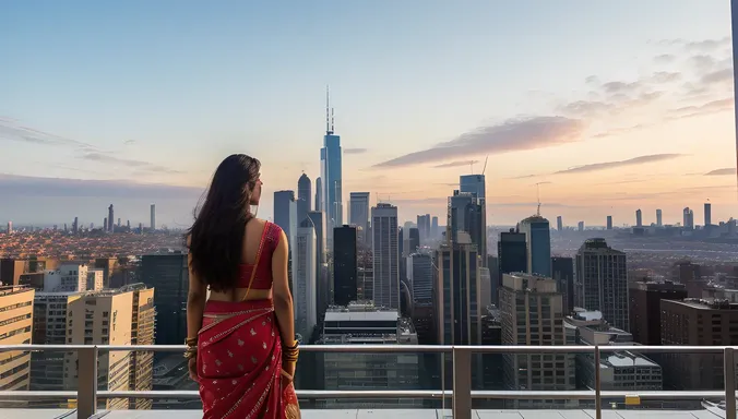 Free-Thinking Indian Girl Explores City Skyline with Sense of Wonder