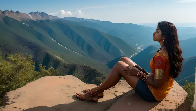 Free-Thinking Indian Girl Gazes at Vast Landscape from Mountain Peak