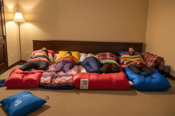 Friends' slumber party with sleeping bags and snacks zzzzzz.