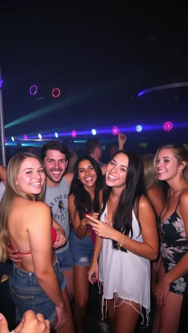 Friends Dancing Together in Packed Nightclub with Flashing Lights