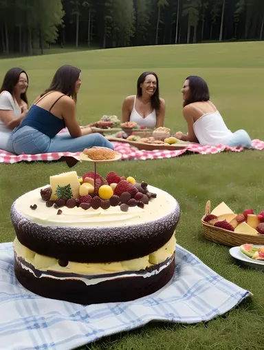 Friends Devour Black Forest Cake on Picnic Blanket
