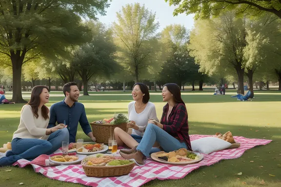 Friends Enjoy Picnic in yyyy-Shaped Park