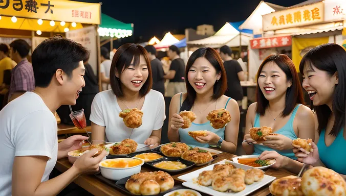 Friends Enjoy Taki Takoyaki at Night Market Gathering