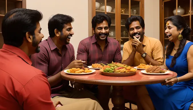 Friends Enjoying Murukku Snacks Together