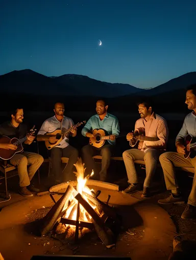 Friends Gather Around Campfire with Santoor Music