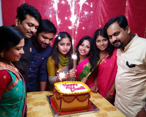Friends Gather Around Diwali Cake with Red and Gold