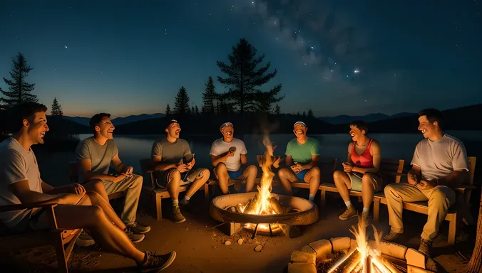 Friends Gather Around Fir Tree Campfire