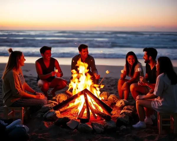 Friends Gather Around Roaring Beach Bonfire