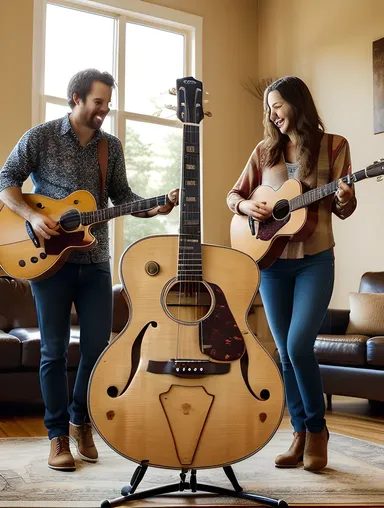Friends Gather Around Vintage Buke Guitar for Cozy Jam Session