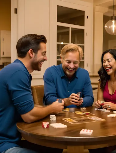 Friends Gathered Around Rummy Game on Cozy Evening