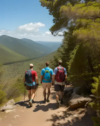 Friends Hike Winding Mountain Trail Amidst Lush Greenery