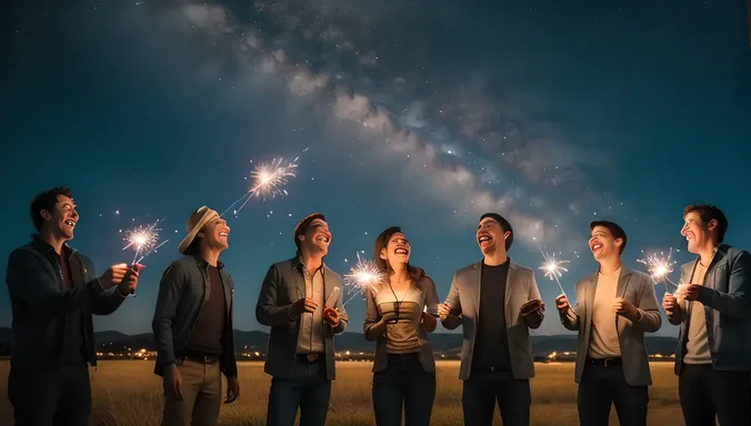 Friends Laugh and Sparkle under Starry Night