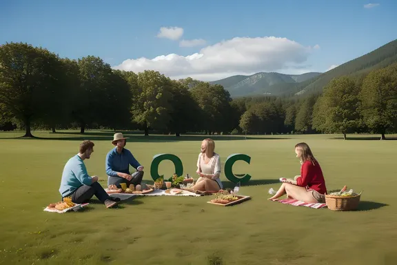 Friends Picnic on Hill Backed by Giant Letter C
