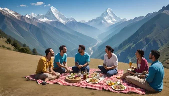 Friends Picnicking with Himalayan Mountain Range View