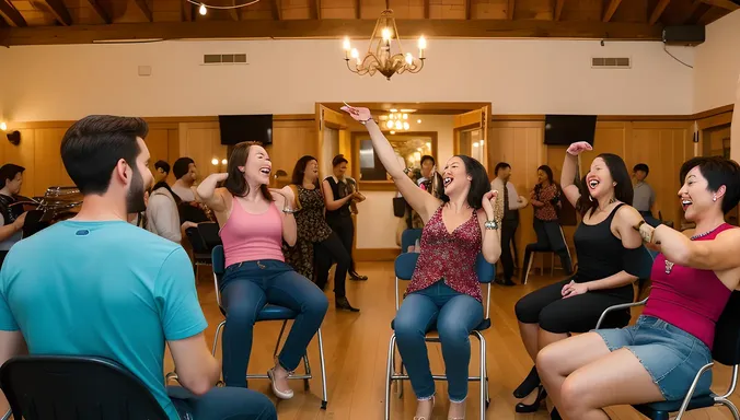 Friends Play Musical Chairs at Party Game