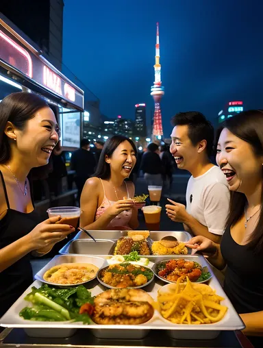 Friends Share Takoyaki at Tokyo Food Truck Images.