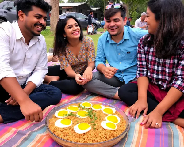 Friends Sharing Plate of Egg Bhurji at Picnic