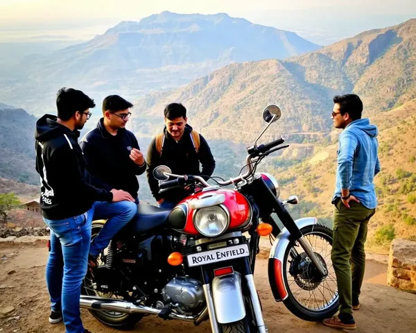 Friends Take Break on Mountain Overlook with Royal Enfield