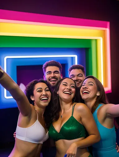Friends Take Selfies in Front of XX Com Logo