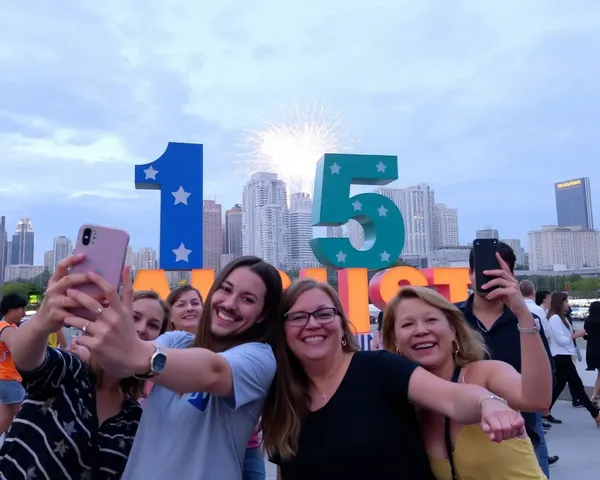 Friends Taking Selfies in Front of 15 August Backdrop