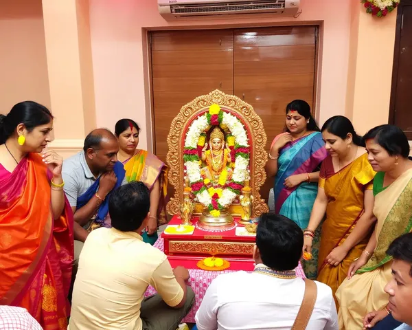 Friends and family participate in Maharashtrian puja with sakharpuda.