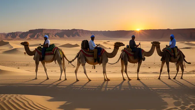 Friends on Camel Ride through Desert with Sunset in Sharm El-Sheikh