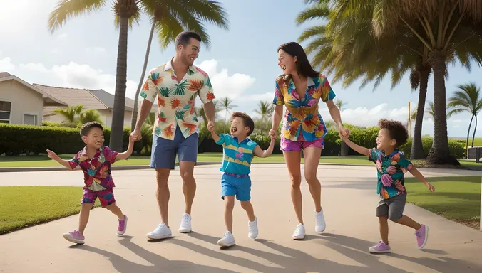 Fun Housewife in Hawaiian Shirt Playing with Kids