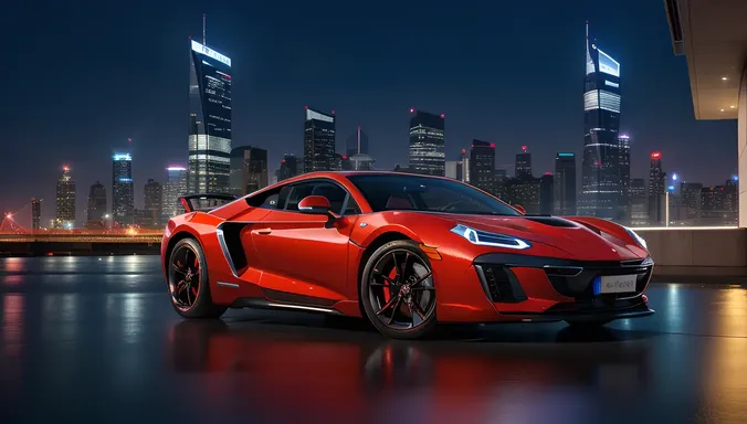 Futuristic 3D Car Parked in Futuristic City Skyline