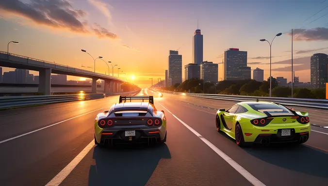 Futuristic 3D Car Racing on Neon City Highway Sunset