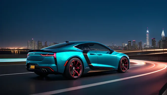 Futuristic 3D Car Speeds Down Highway with Cityscape at Night