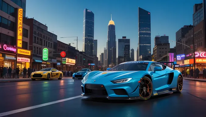 Futuristic 3D Car Zooms Down City Street at Night