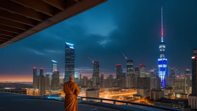 Futuristic AI Monk in Cityscape Harmony