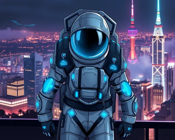 Futuristic Astronaut Space Suit with Neon Cityscape Background