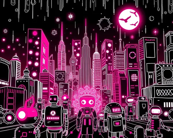 Futuristic Black Doodle Wallpaper with Neon Cityscapes Robots