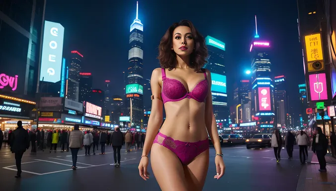 Futuristic Bra Lady in High-Tech Cityscape