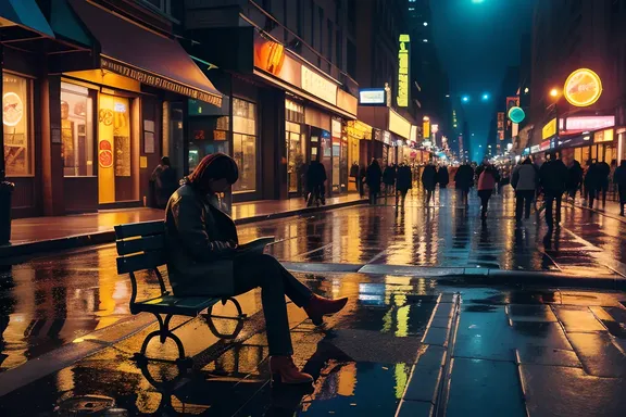 Futuristic City Zzz on a Bench at Night