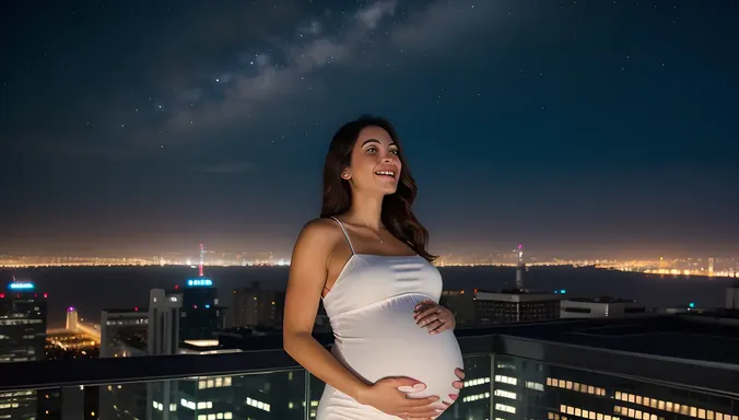 Futuristic Cityscape: Pregnant Woman's Breathtaking View