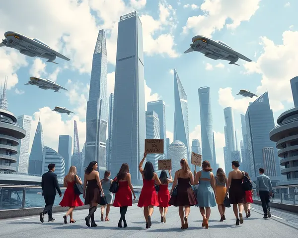Futuristic Cityscape Filled with Advocate Dresses and Protest Signs