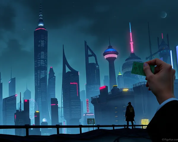 Futuristic Cityscape at Night with Barho Card in Distance