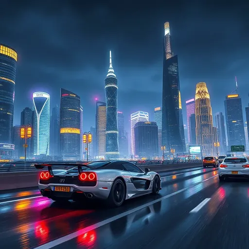 Futuristic Cityscape at Night with Neon Lights and nw200 Car