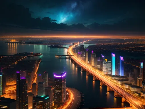 Futuristic Cityscape at Night with Neon-Lit Skyscrapers and Flying Cars