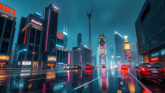 Futuristic Cityscape at Night with Neon Reflections on Wet Pavement