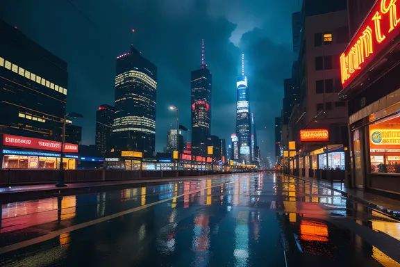 Futuristic Cityscape on a Rainy yyyy Year Night