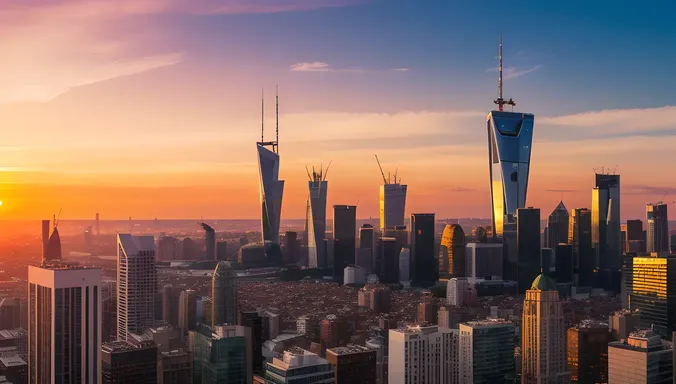 Futuristic Cityscape with AI-Powered Robot at Sunset