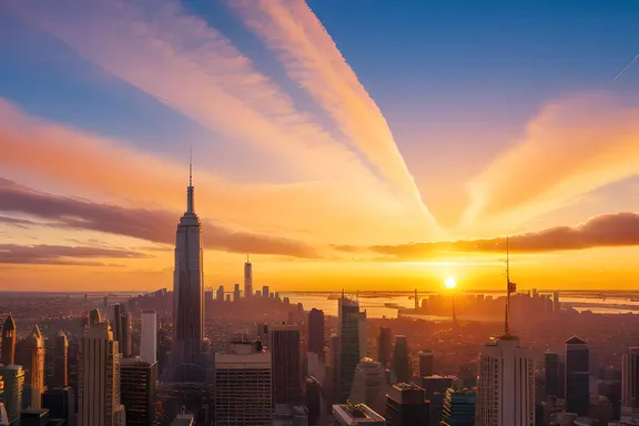 Futuristic Cityscape with Bright Yellow Sunset Clouds